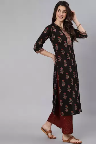 Women black ethnic motifs printed straight kurta
