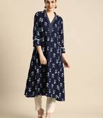 Women navy blue & white ethnic motifs printed indigo kurta