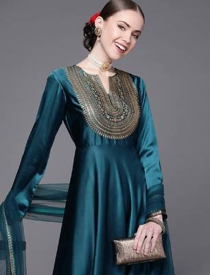 Women teal yoke design satin anarkali kurta 1