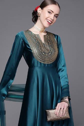Women teal yoke design satin anarkali kurta