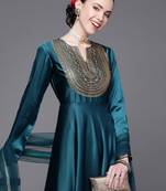 Women teal yoke design satin anarkali kurta