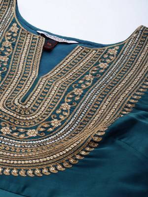 Women teal yoke design satin anarkali kurta 2