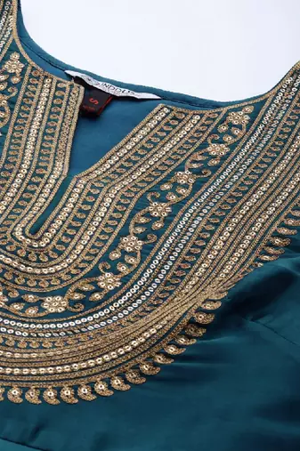 Women teal yoke design satin anarkali kurta