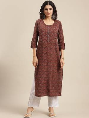 Women sequin ajrakh motif printed cotton thread work kurta 1