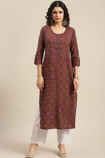 Women sequin ajrakh motif printed cotton thread work kurta
