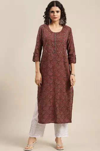 Women sequin ajrakh motif printed cotton thread work kurta
