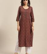 Women sequin ajrakh motif printed cotton thread work kurta