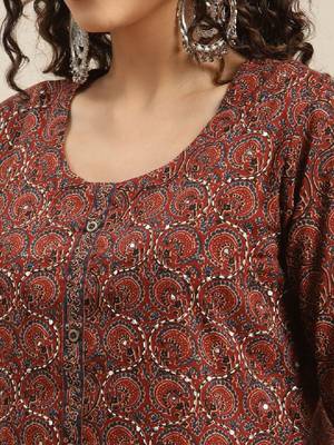 Women sequin ajrakh motif printed cotton thread work kurta 2