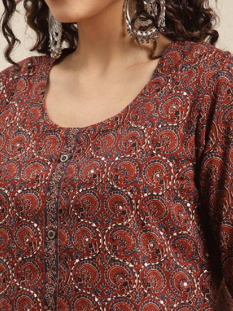 Women sequin ajrakh motif printed cotton thread work kurta