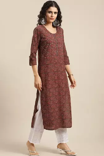 Women sequin ajrakh motif printed cotton thread work kurta