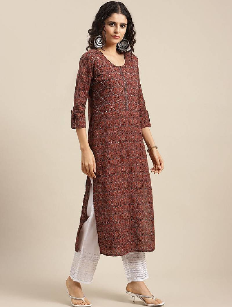 Women sequin ajrakh motif printed cotton thread work kurta