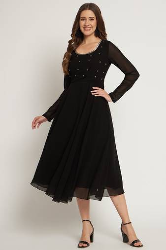 Women black ethnic motifs embellished georgette anarkali kurta