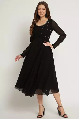 Women black ethnic motifs embellished georgette anarkali kurta