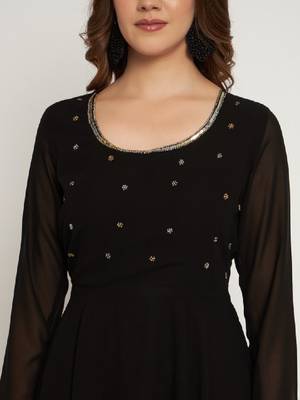 Women black ethnic motifs embellished georgette anarkali kurta 2