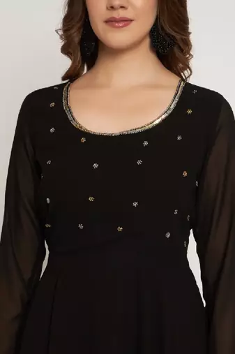 Women black ethnic motifs embellished georgette anarkali kurta