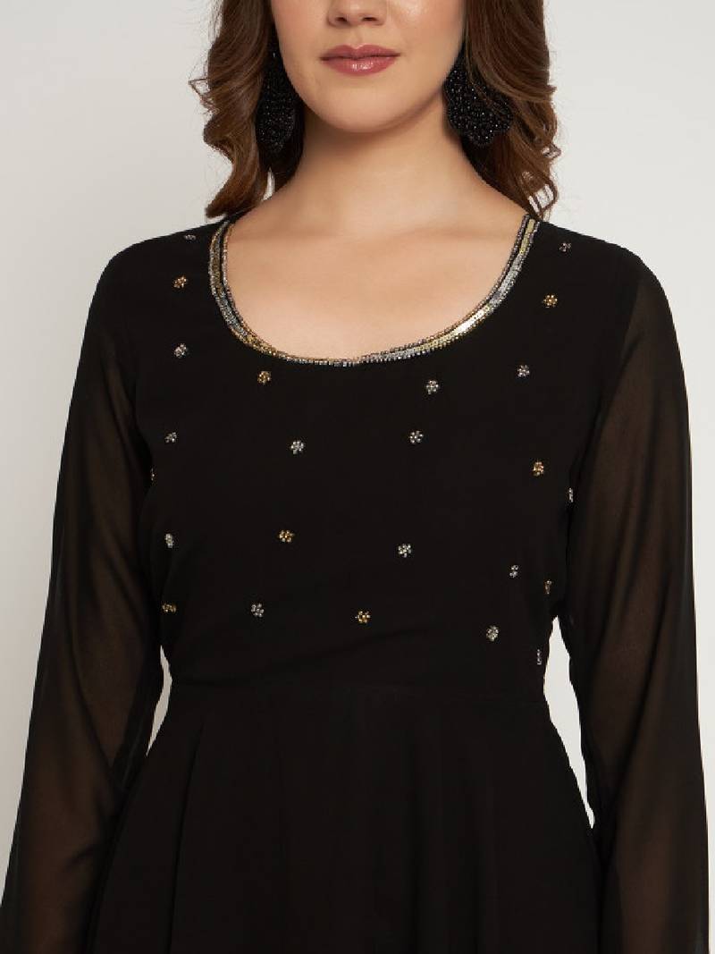 Women black ethnic motifs embellished georgette anarkali kurta