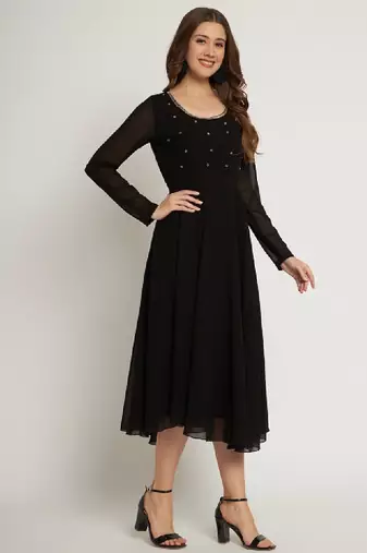 Women black ethnic motifs embellished georgette anarkali kurta