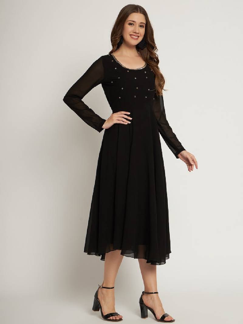 Women black ethnic motifs embellished georgette anarkali kurta