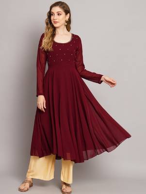 Women maroon ethnic motifs embellished georgette anarkali kurta 1