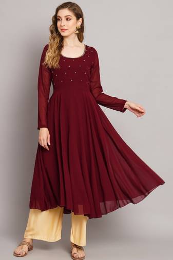 Women maroon ethnic motifs embellished georgette anarkali kurta
