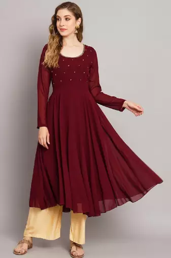 Women maroon ethnic motifs embellished georgette anarkali kurta