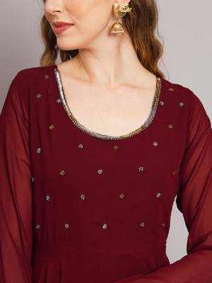 Women maroon ethnic motifs embellished georgette anarkali kurta 2