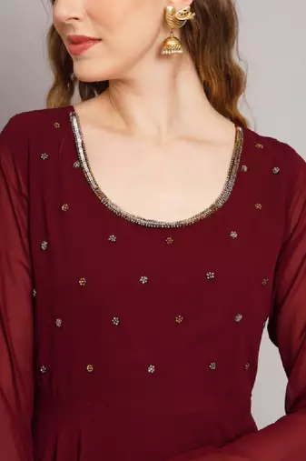 Women maroon ethnic motifs embellished georgette anarkali kurta