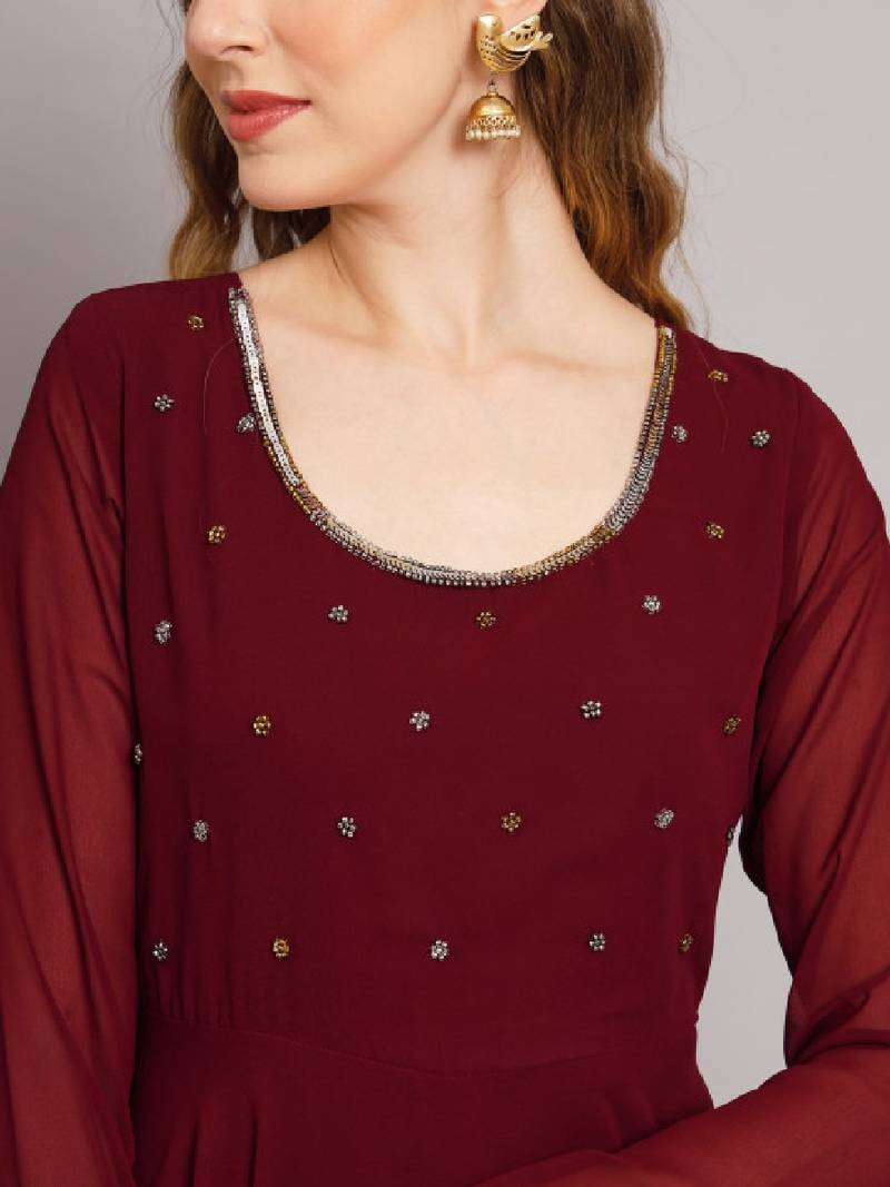 Women maroon ethnic motifs embellished georgette anarkali kurta