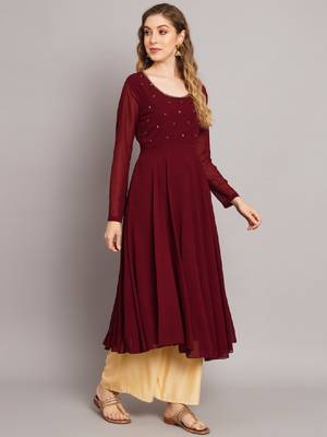 Women maroon ethnic motifs embellished georgette anarkali kurta 3