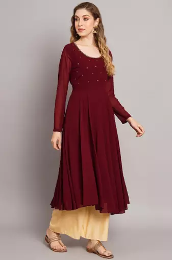 Women maroon ethnic motifs embellished georgette anarkali kurta