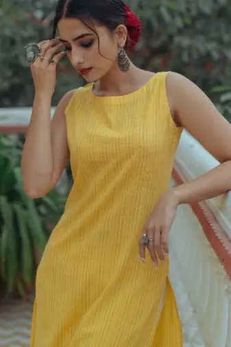 Women yellow pure cotton kantha work striped kurta