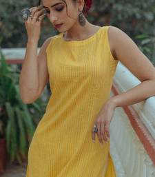 Women yellow pure cotton kantha work striped kurta