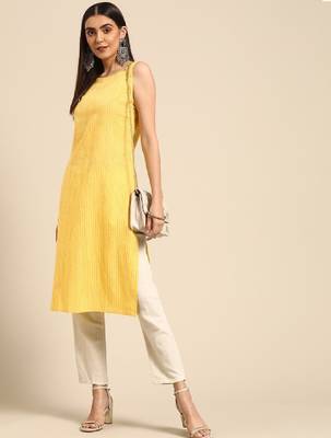 Women yellow pure cotton kantha work striped kurta 1