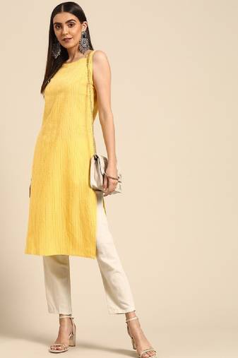 Women yellow pure cotton kantha work striped kurta