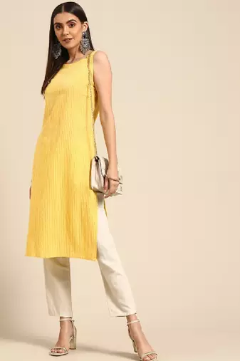 Women yellow pure cotton kantha work striped kurta