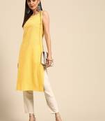 Women yellow pure cotton kantha work striped kurta