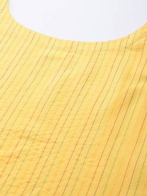 Women yellow pure cotton kantha work striped kurta 3