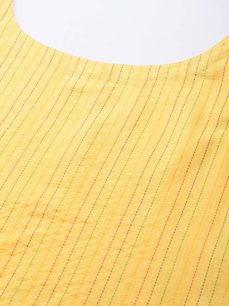 Women yellow pure cotton kantha work striped kurta