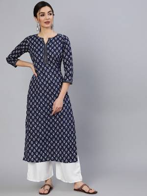 Women navy blue ethnic printed cotton straight kurta 1
