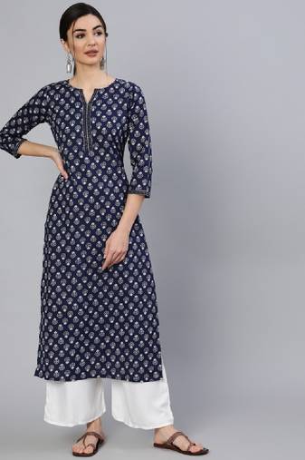Women navy blue ethnic printed cotton straight kurta
