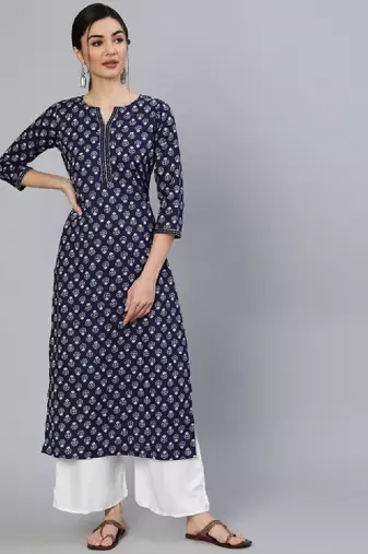 Women navy blue ethnic printed cotton straight kurta