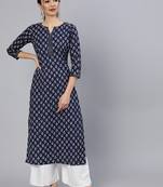 Women navy blue ethnic printed cotton straight kurta