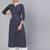 Women navy blue ethnic printed cotton straight kurta