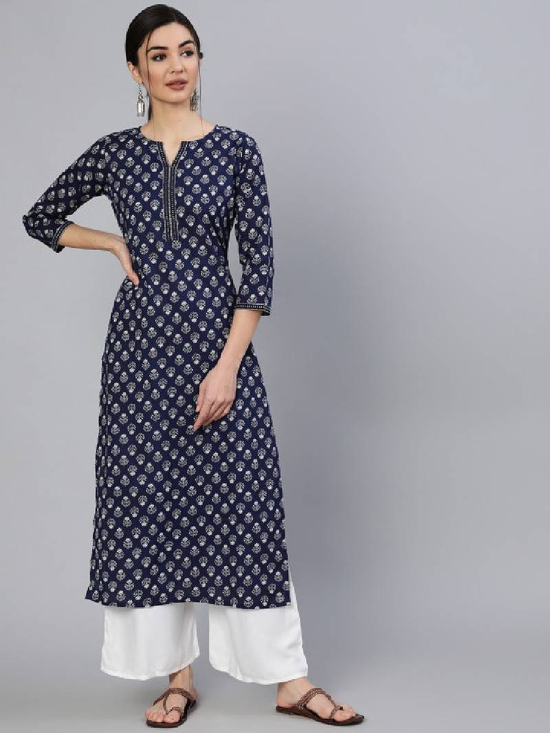 Women navy blue ethnic printed cotton straight kurta