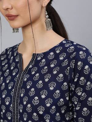 Women navy blue ethnic printed cotton straight kurta 2
