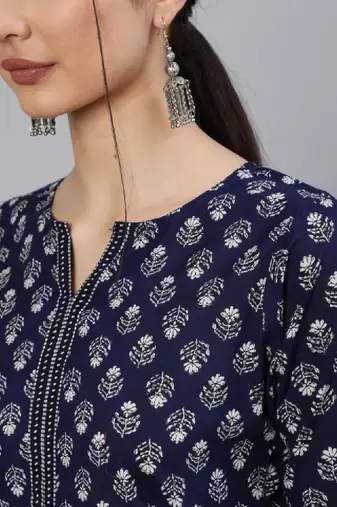 Women navy blue ethnic printed cotton straight kurta