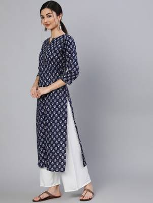 Women navy blue ethnic printed cotton straight kurta 3