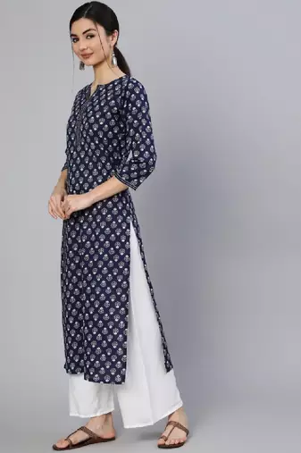 Women navy blue ethnic printed cotton straight kurta