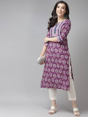 Women purple & white pure cotton ethnic motifs printed kurta 1
