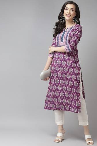 Women purple & white pure cotton ethnic motifs printed kurta